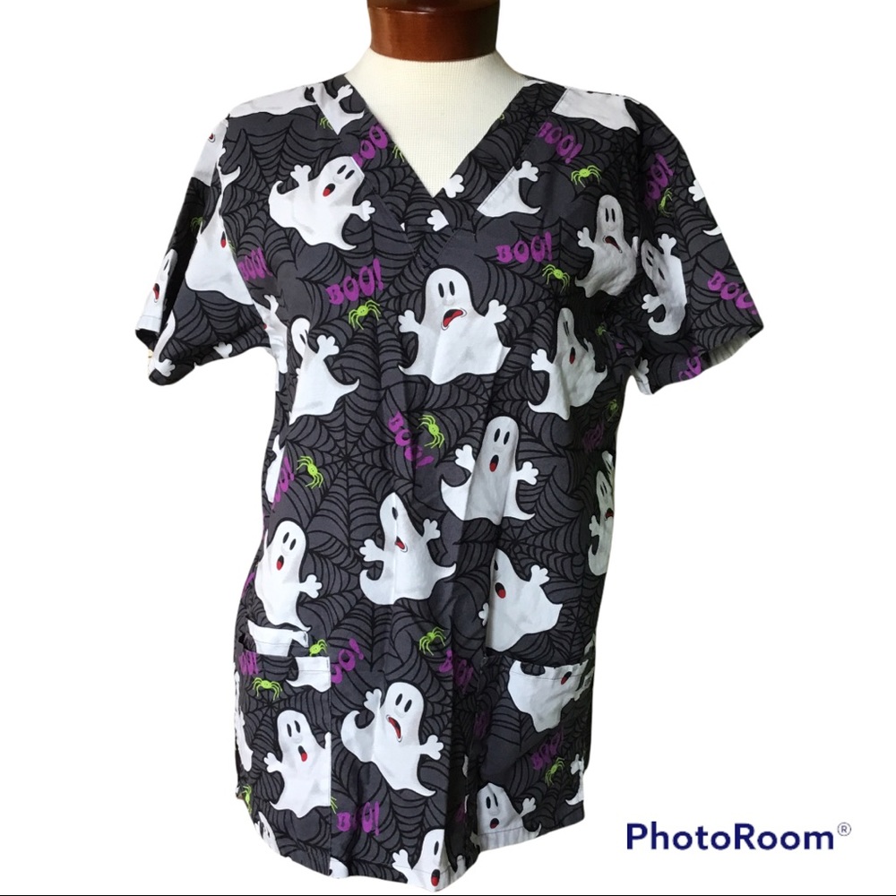 UA Scrubs Halloween Ghosts Boo Nurse V Neck Top